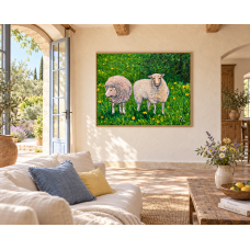 “Sheep in the Field” – Original Animal Painting, Oil on Canvas | Marina Stognieva